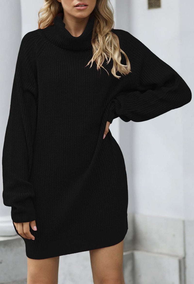 Pink Queen Women's Loose Turtleneck Oversize Long Pullover Sweater Dress Black M - Image 2